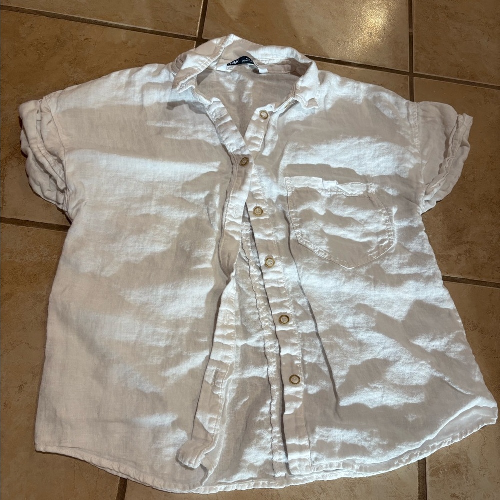 Zara White Linen Button-Up Collared Shirt